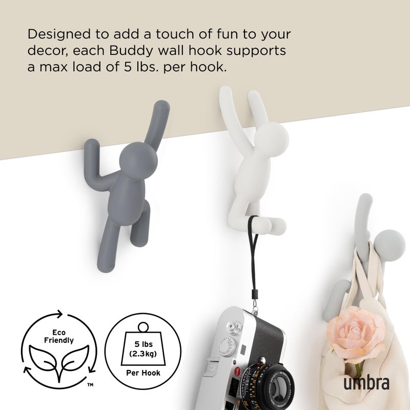 Umbra Buddy Wall Hooks â€“ Decorative Wall Mounted Coat Hooks for Hanging Coats, Scarves, Bags, Purses, Backpacks, Towels and More, Set of 3, Grey - Image 5